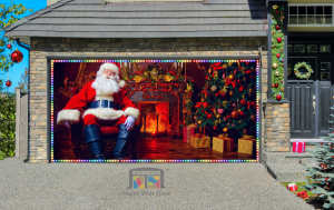 Santa Claus Sitting In The Living Room Christmas garage door cover with light