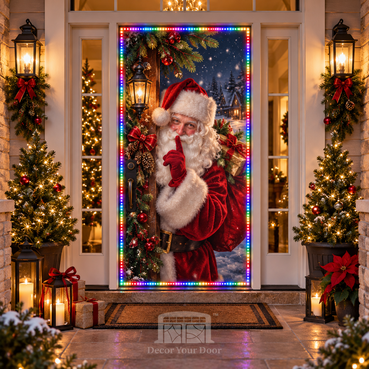Santa-themed front door cover framed by multicolored LED lights
