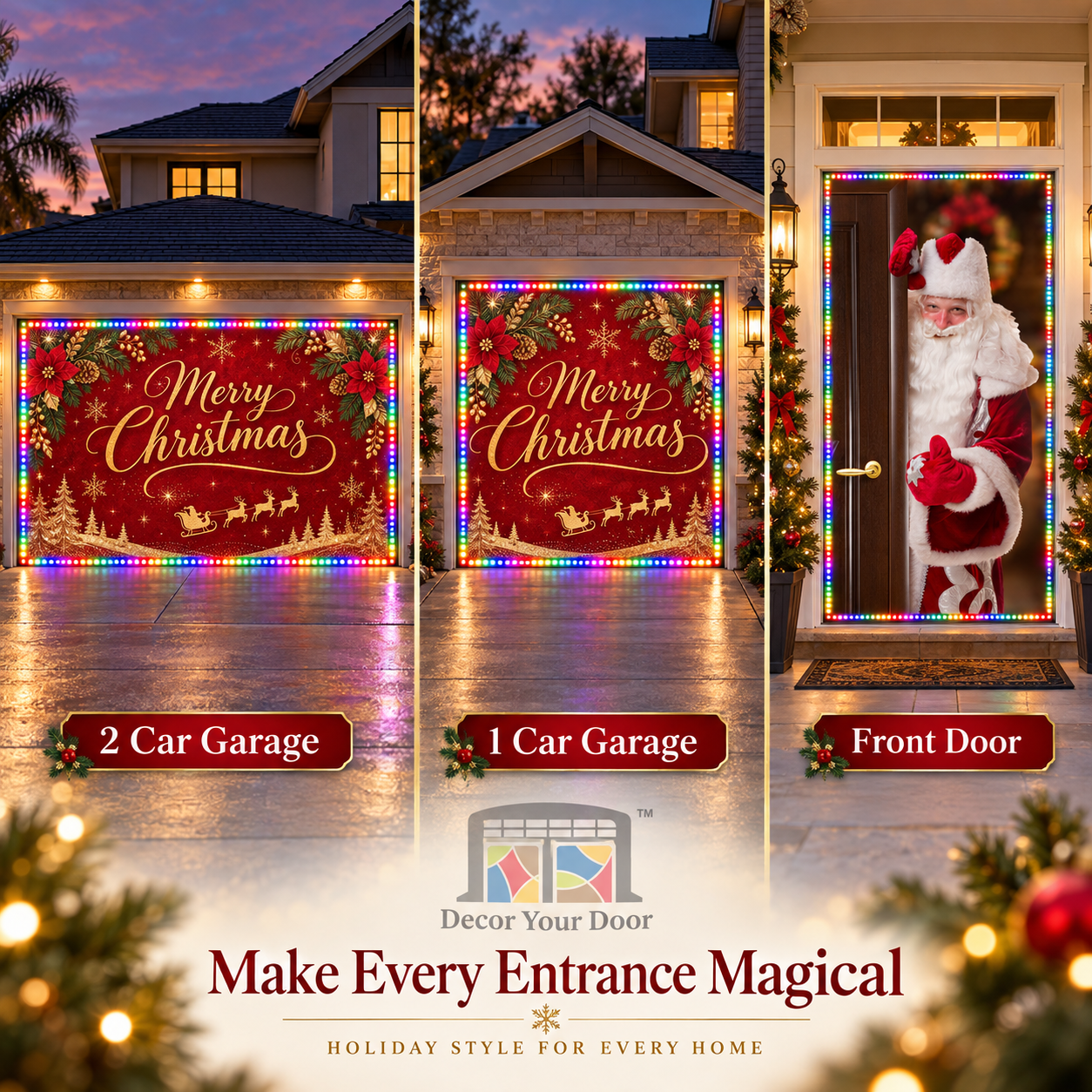 Decor Your Door illustration comparing LED-bordered covers for two-car garages, one-car garages and front doors